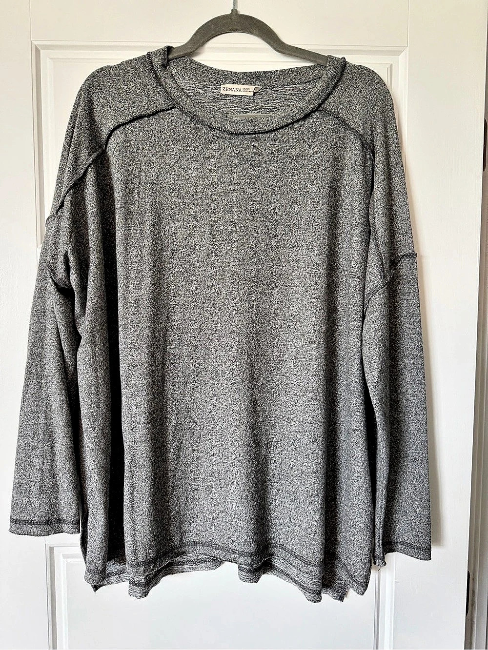 Zenana Soft Melange Hacci Exposed Seam Hi-Low Long Sleeve